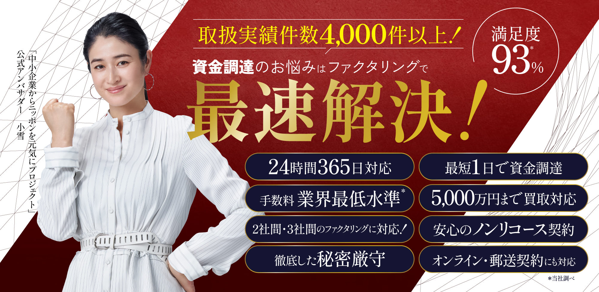 取扱実績件数4,000件以上！資金調達のお悩みはファクタリングで最速解決！最短１日で資金化いたします。24時間365日対応・業界最低水準手数料・5000万円まで買取対応・2社間3社間のファクタリングに対応！・安心のノンリコース契約・徹底した秘密厳守・オンライン郵送契約にも対応